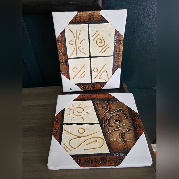 Abstract Symbolic Tribal Textured Hand Painted Wall Art Set Of 2 Signed 8x10 - Picture 1 of 8